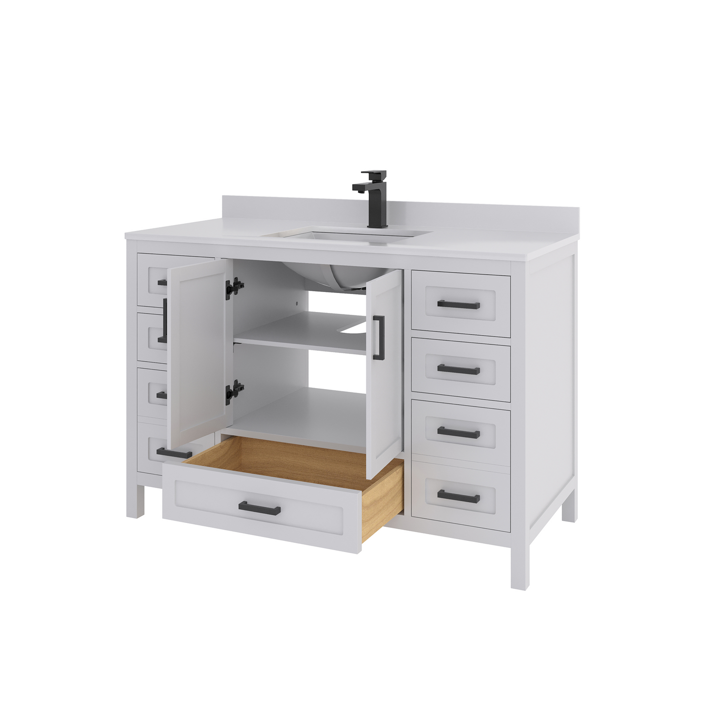 Rooh 48 Inch Solid Wood Bathroom Vanity with Undermount single Rectangle sink & White Quartz countertop 0.75 inch edge in white