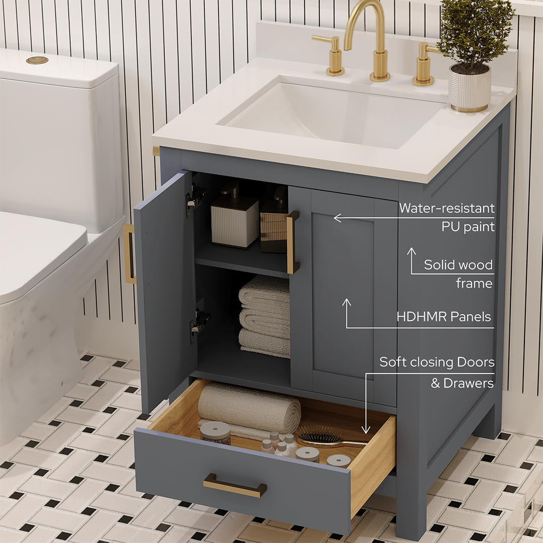 Rooh 24 Inch Solid Wood Bathroom Vanity with Undermount single Rectangle sink & White Quartz countertop 0.75 inch edge in white
