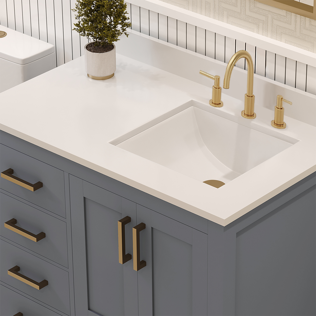 Rooh 36 Inch Right Solid Wood Single Bathroom Vanity with Undermount single Rectangle sink & White Quartz countertop 0.75 inch edge in white