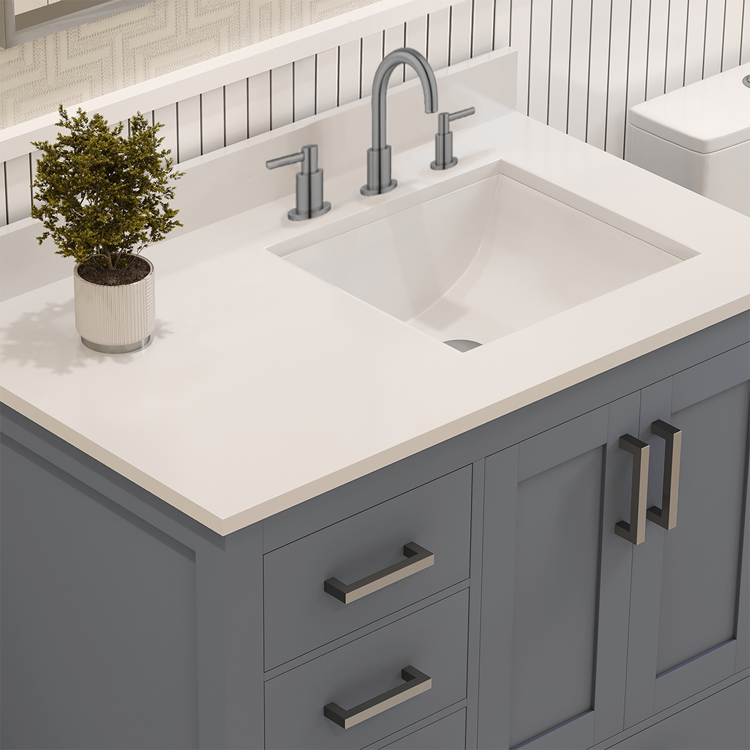 Rooh 36 Inch Left Solid Wood Single Bathroom Vanity with Undermount single Rectangle sink & White Quartz countertop 0.75 inch edge in white