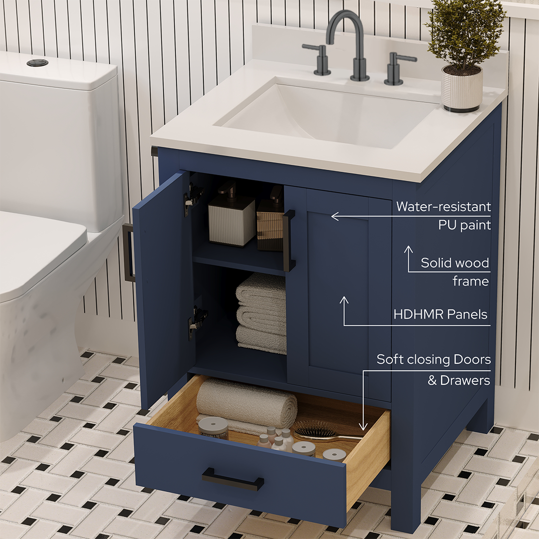 Rooh 24 Inch Solid Wood Bathroom Vanity with Undermount single Rectangle sink & White Quartz countertop 0.75 inch edge in white