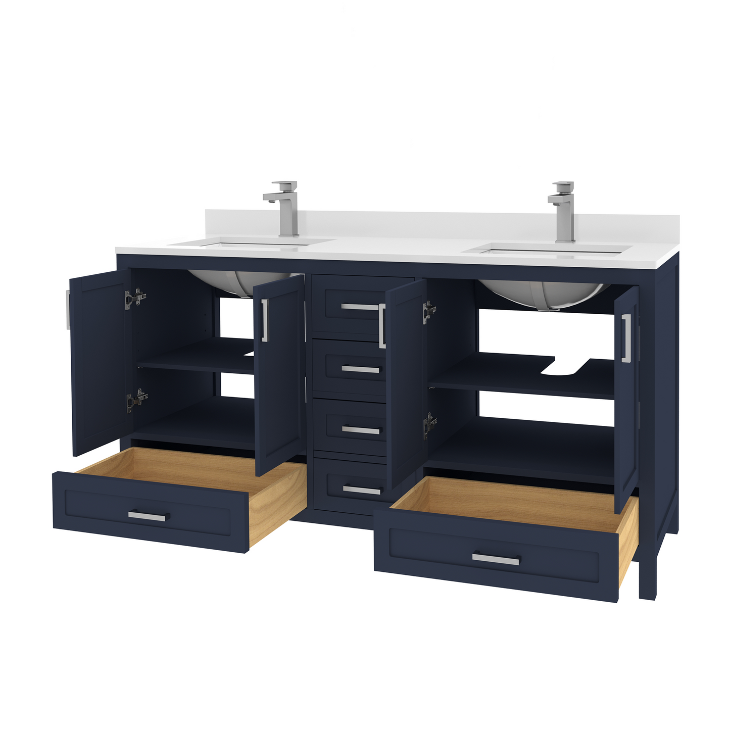 Rooh 60 Inch Solid Wood Bathroom Vanity with Undermount double Rectangle sinks & White Quartz countertop 0.75 inch edge in white