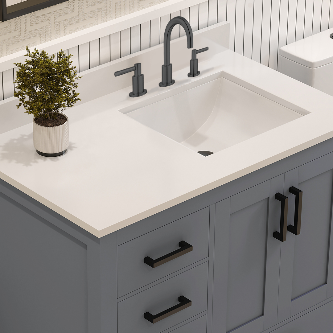 Rooh 36 Inch Left Solid Wood Single Bathroom Vanity with Undermount single Rectangle sink & White Quartz countertop 0.75 inch edge in white