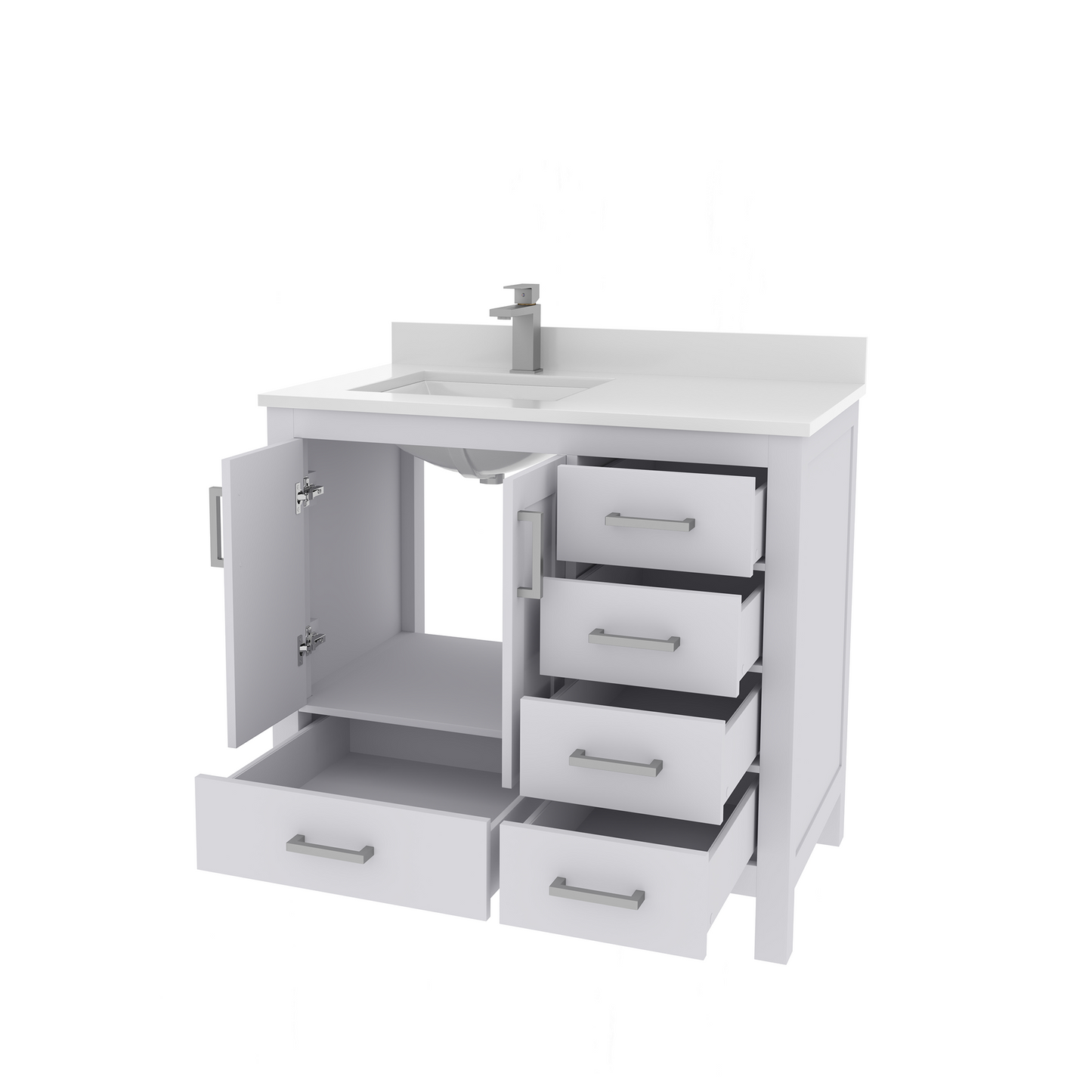 Rooh 36 Inch Left Solid Wood Single Bathroom Vanity with Undermount single Rectangle sink & White Quartz countertop 0.75 inch edge in white