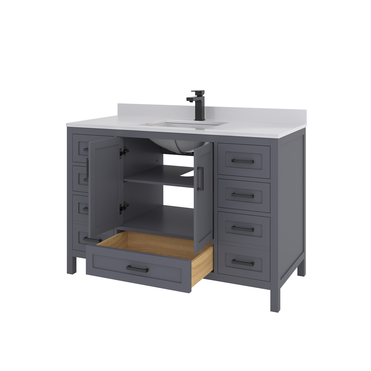 Rooh 48 Inch Solid Wood Bathroom Vanity with Undermount single Rectangle sink & White Quartz countertop 0.75 inch edge in white