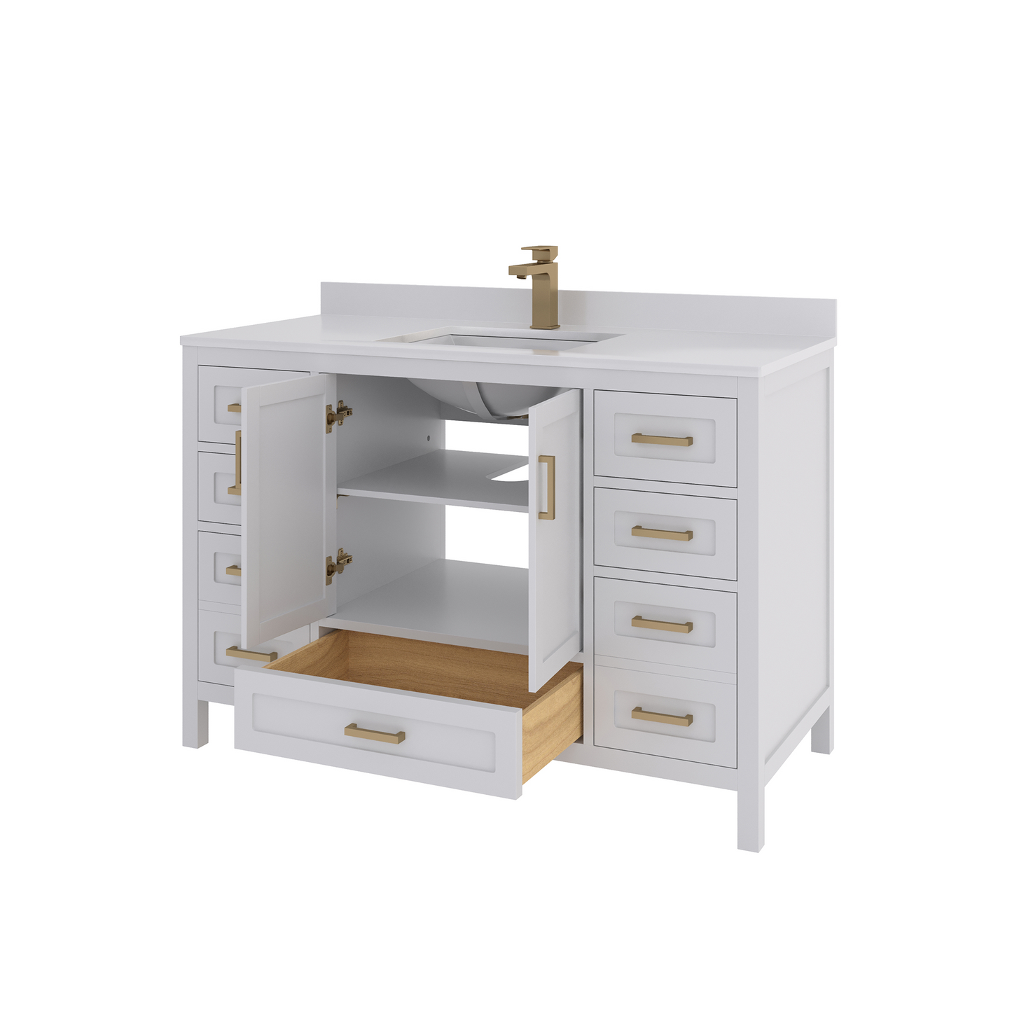 Rooh 48 Inch Solid Wood Bathroom Vanity with Undermount single Rectangle sink & White Quartz countertop 0.75 inch edge in white