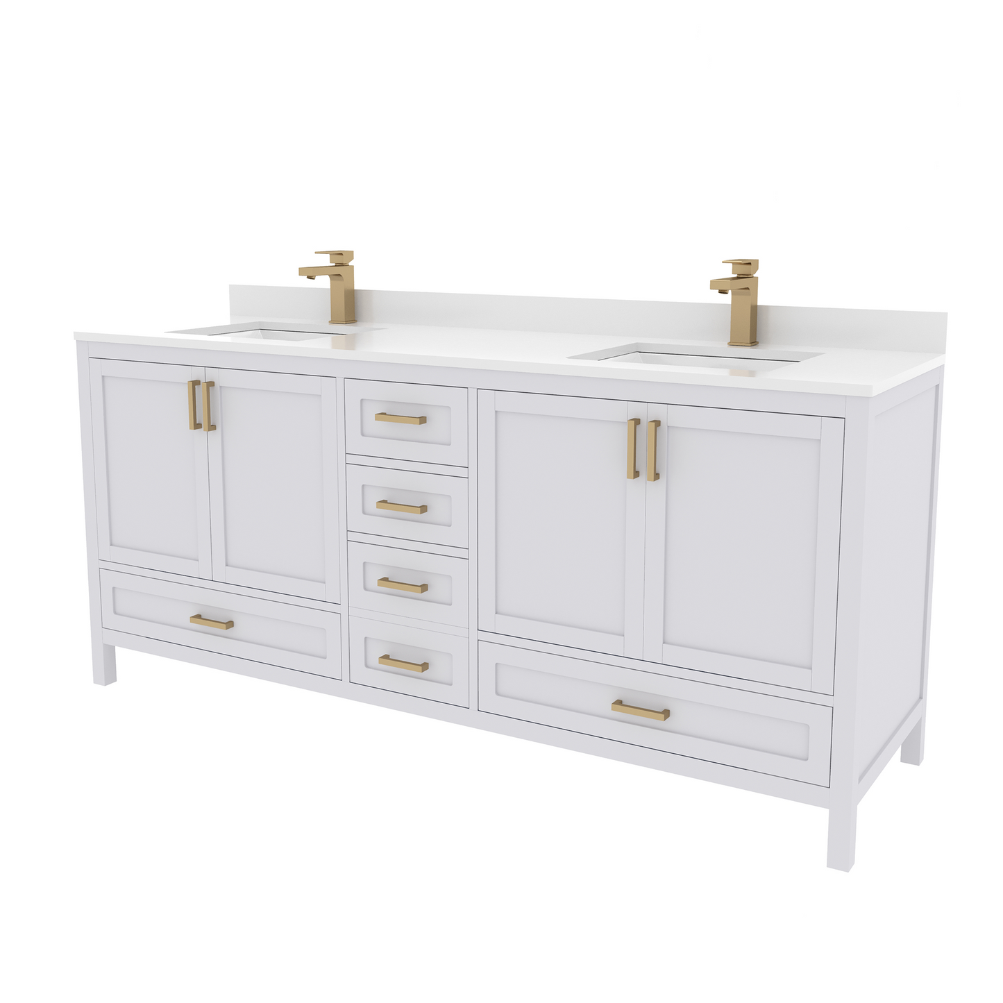 Rooh 72 Inch Solid Wood Bathroom Vanity with Undermount double Rectangle sinks & White Quartz countertop 0.75 inch edge in white