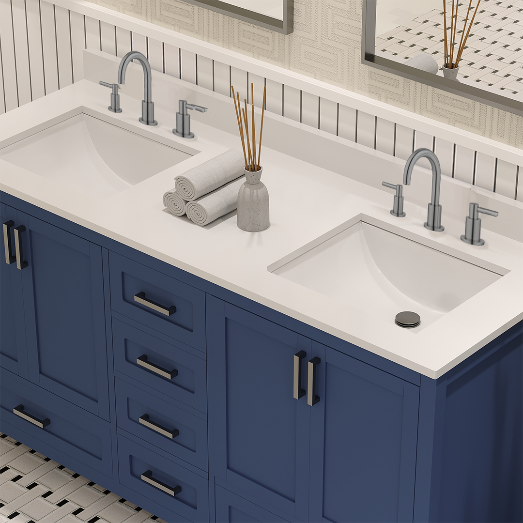 Rooh 60 Inch Solid Wood Bathroom Vanity with Undermount double Rectangle sinks & White Quartz countertop 0.75 inch edge in white