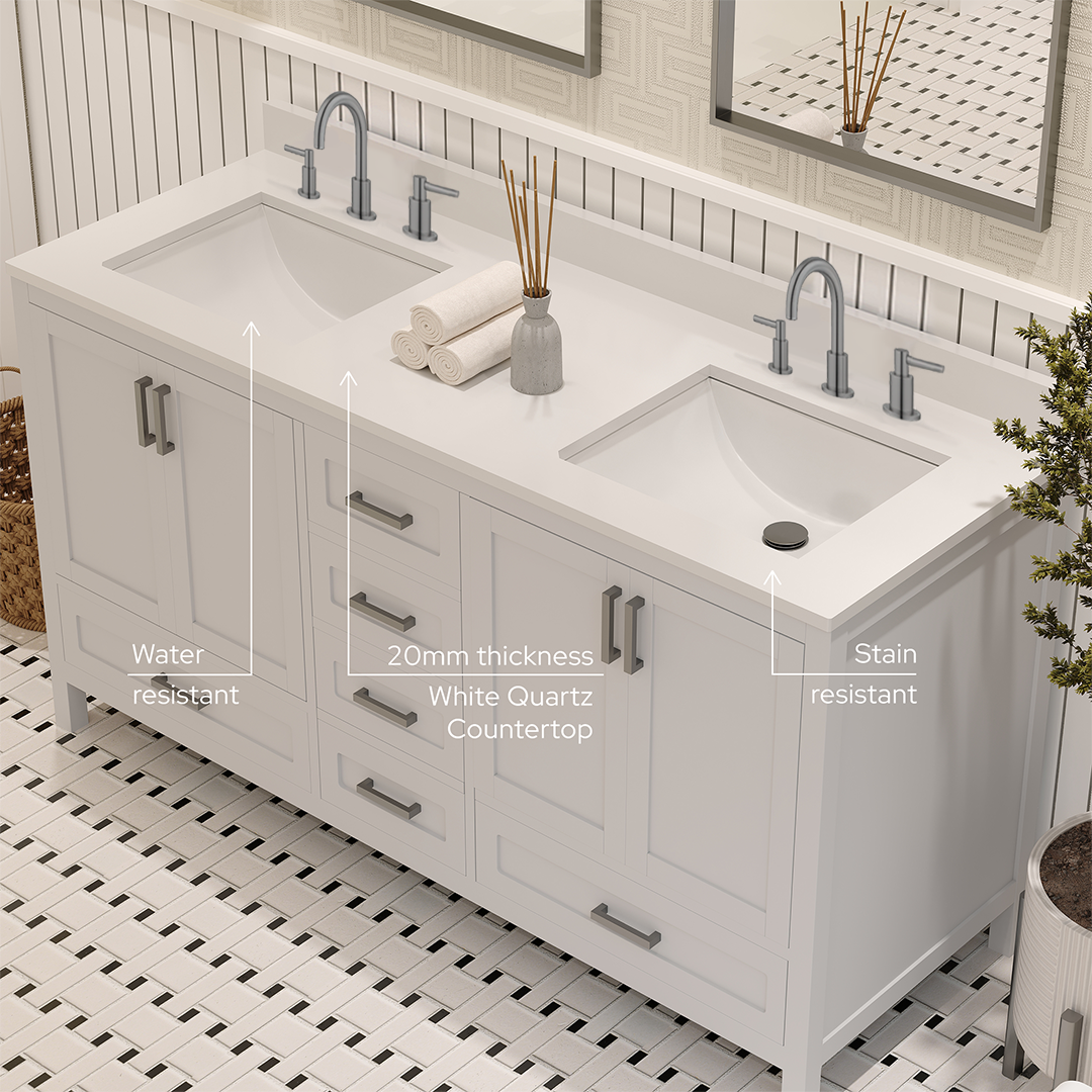 Rooh 60 Inch Solid Wood Bathroom Vanity with Undermount double Rectangle sinks & White Quartz countertop 0.75 inch edge in white