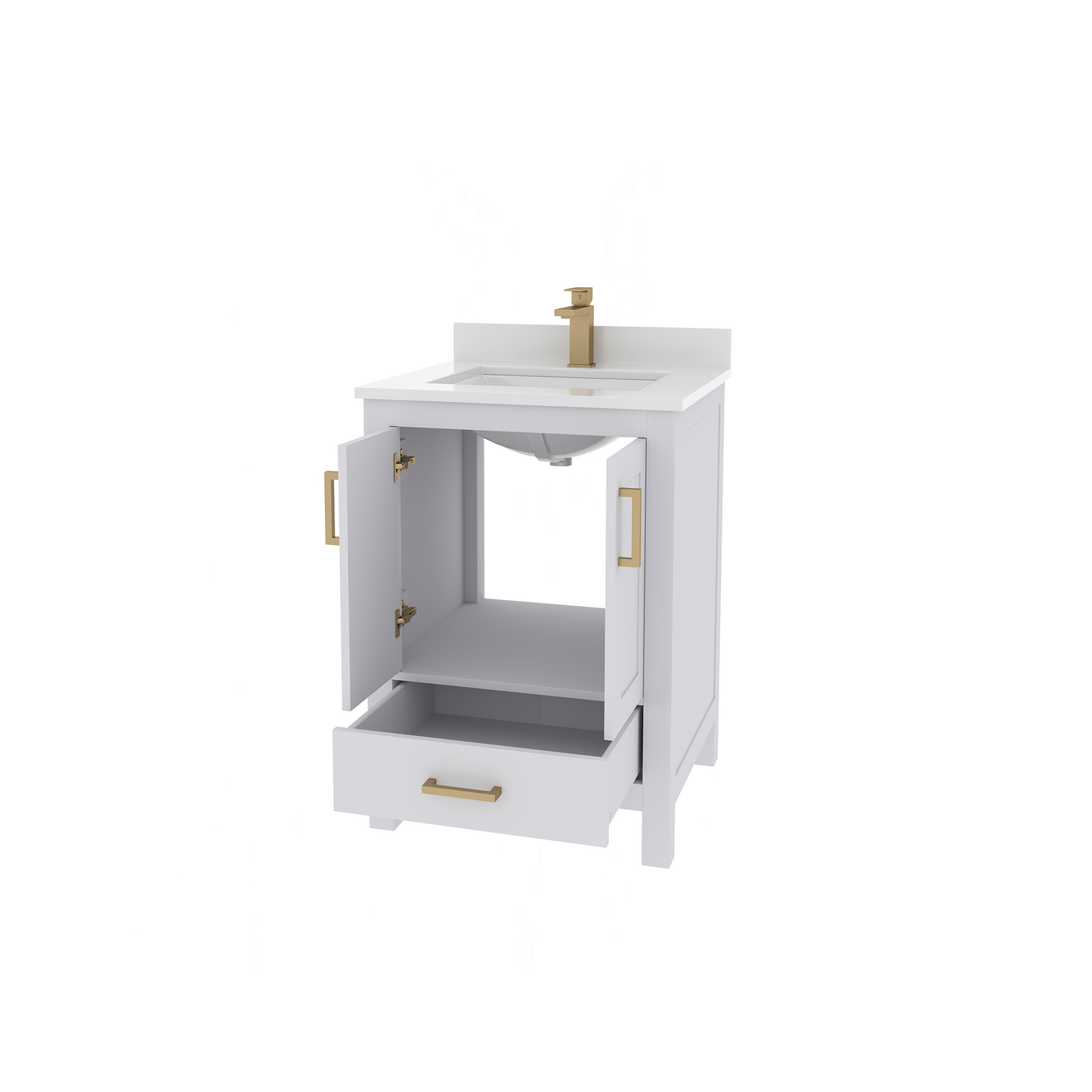 Rooh 24 Inch Solid Wood Bathroom Vanity with Undermount single Rectangle sink & White Quartz countertop 0.75 inch edge in white