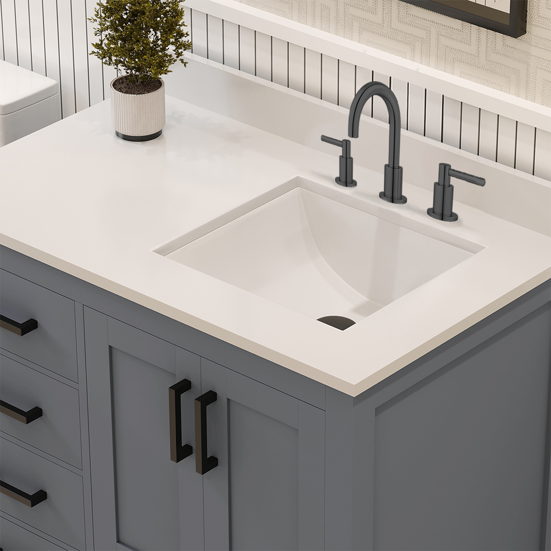 Rooh 36 Inch Right Solid Wood Single Bathroom Vanity with Undermount single Rectangle sink & White Quartz countertop 0.75 inch edge in white