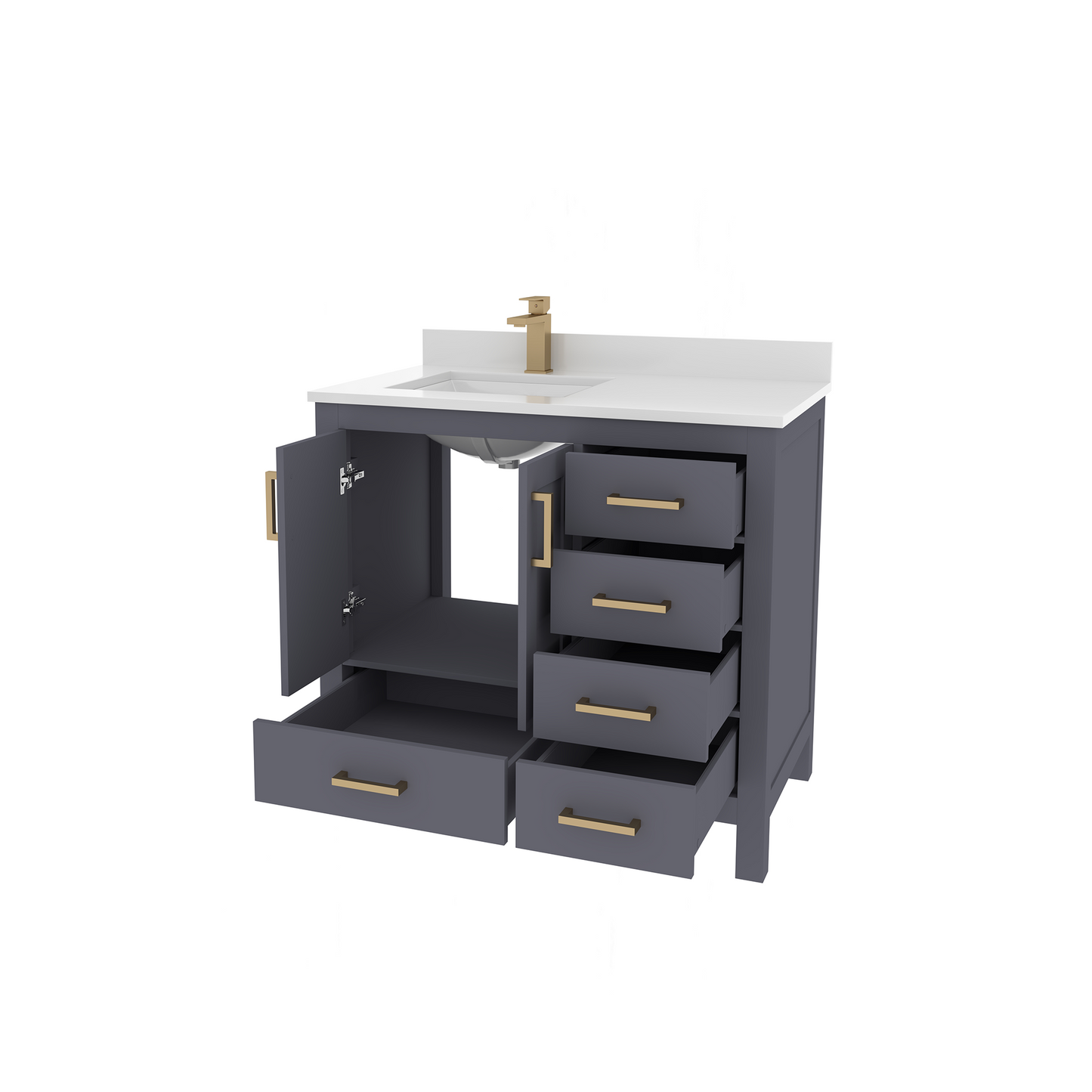 Rooh 36 Inch Left Solid Wood Single Bathroom Vanity with Undermount single Rectangle sink & White Quartz countertop 0.75 inch edge in white