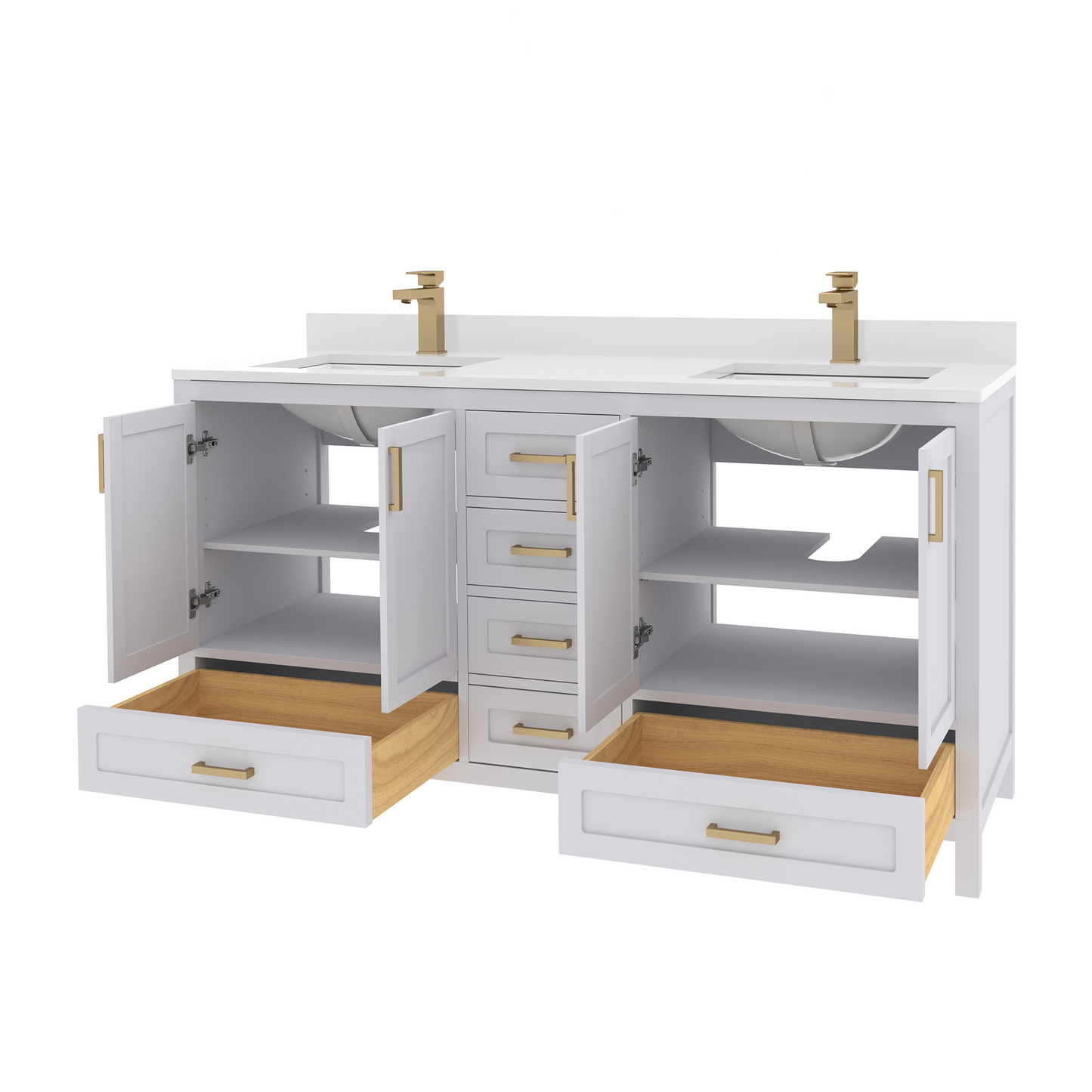 Rooh 60 Inch Solid Wood Bathroom Vanity with Undermount double Rectangle sinks & White Quartz countertop 0.75 inch edge in white