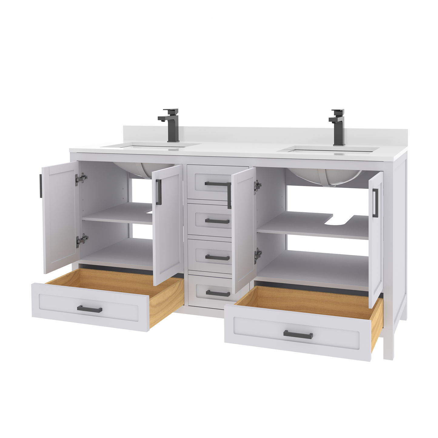 Rooh 60 Inch Solid Wood Bathroom Vanity with Undermount double Rectangle sinks & White Quartz countertop 0.75 inch edge in white