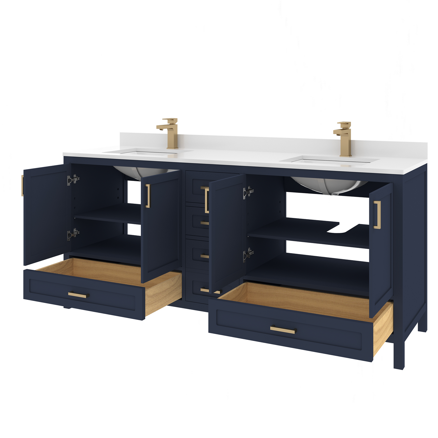 Rooh 72 Inch Solid Wood Bathroom Vanity with Undermount double Rectangle sinks & White Quartz countertop 0.75 inch edge in white