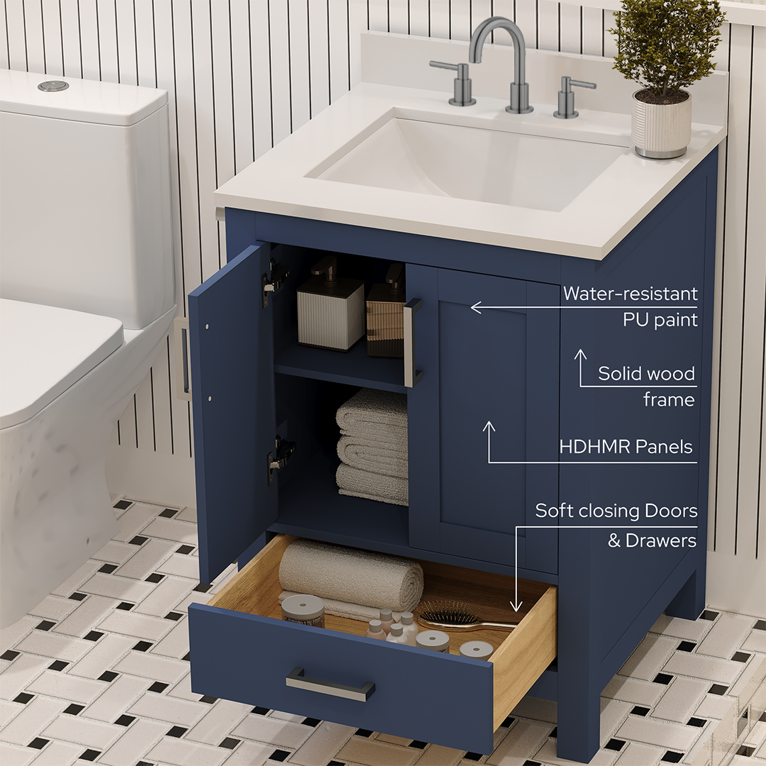 Rooh 24 Inch Solid Wood Bathroom Vanity with Undermount single Rectangle sink & White Quartz countertop 0.75 inch edge in white