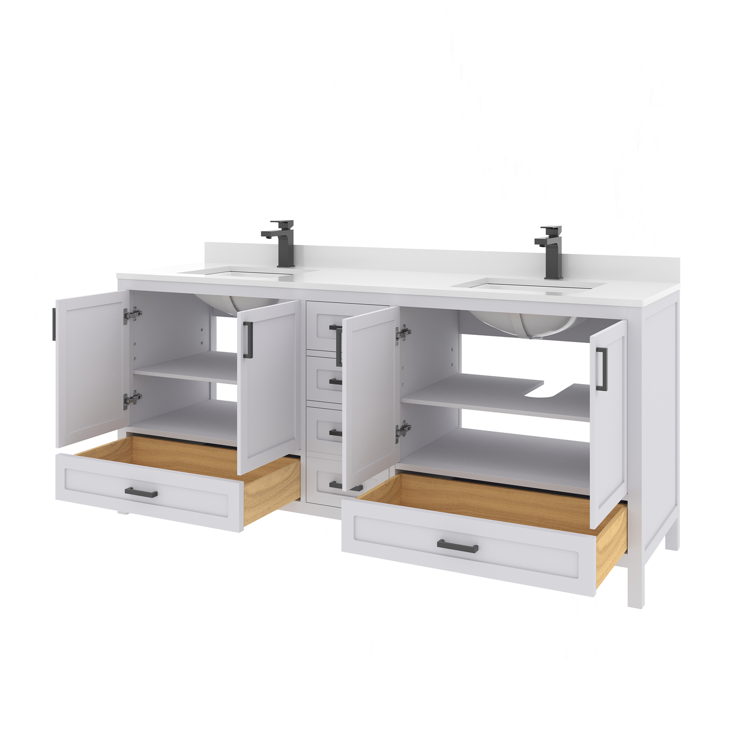 Rooh 72 Inch Solid Wood Bathroom Vanity with Undermount double Rectangle sinks & White Quartz countertop 0.75 inch edge in white