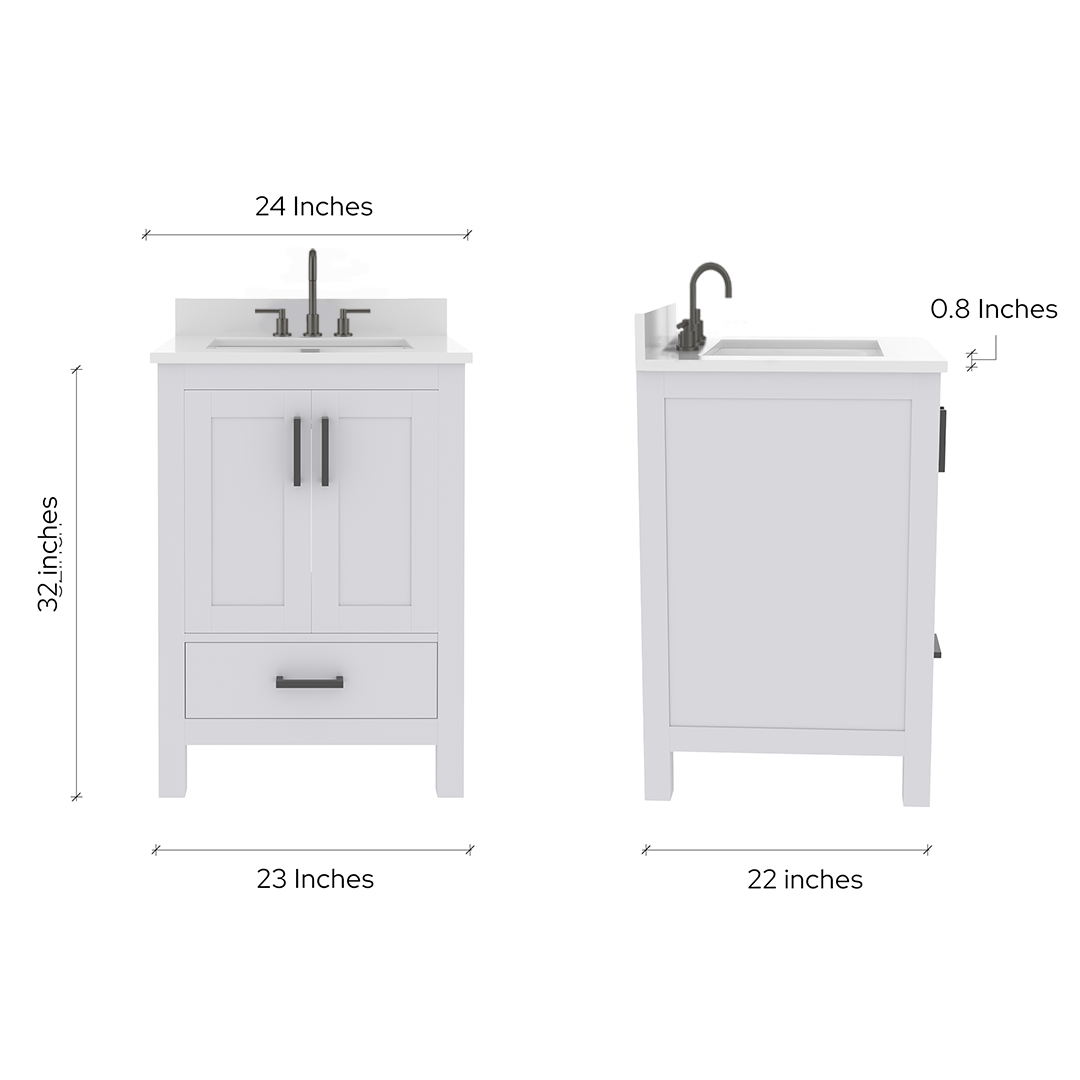 Rooh 24 Inch Solid Wood Bathroom Vanity with Undermount single Rectangle sink & White Quartz countertop 0.75 inch edge in white