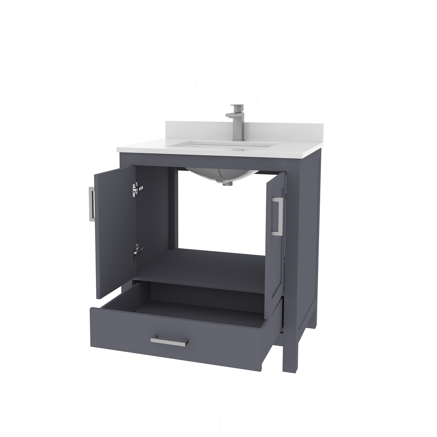 Rooh 30 Inch Solid Wood Bathroom Vanity with Undermount single Rectangle sink & White Quartz countertop 0.75 inch edge in white