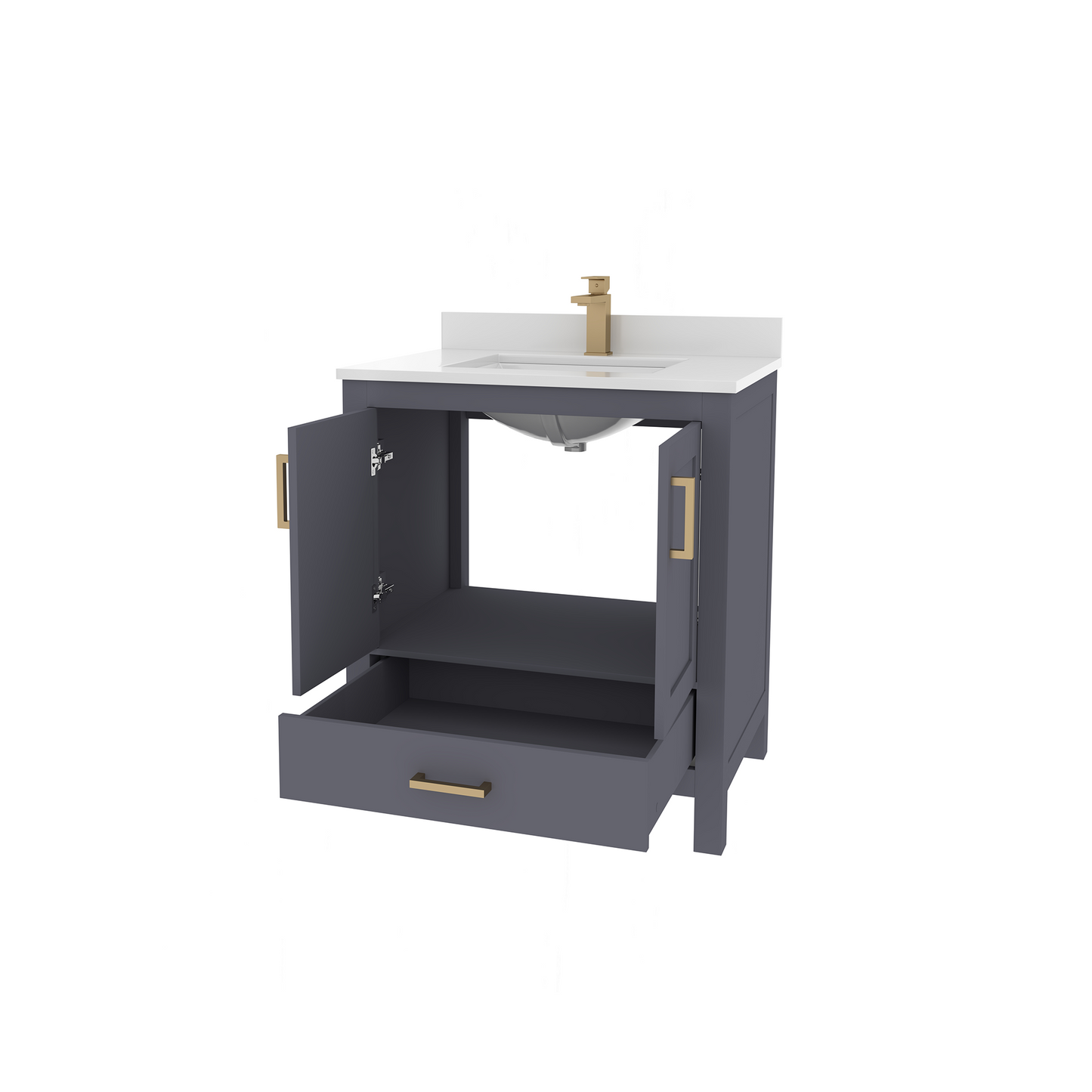 Rooh 30 Inch Solid Wood Bathroom Vanity with Undermount single Rectangle sink & White Quartz countertop 0.75 inch edge in white