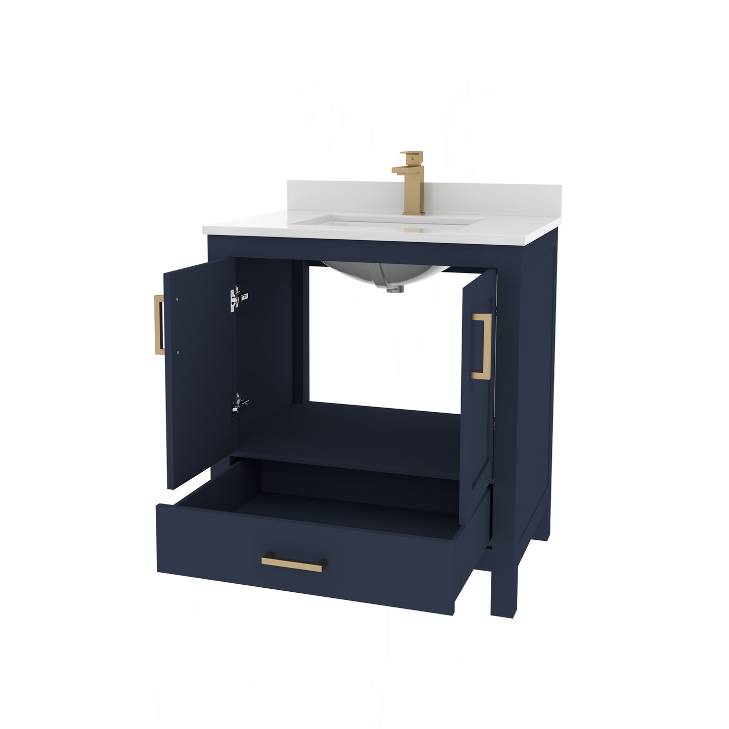 Rooh 30 Inch Solid Wood Bathroom Vanity with Undermount single Rectangle sink & White Quartz countertop 0.75 inch edge in white