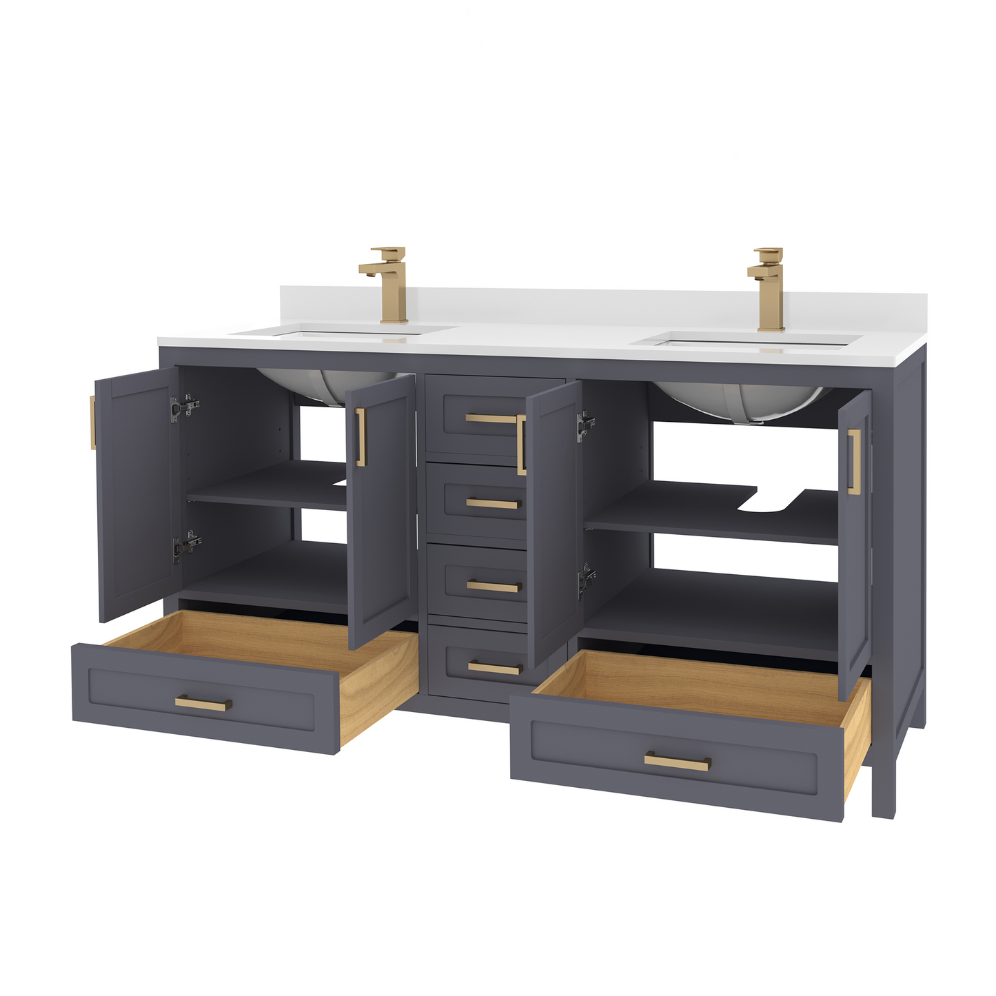 Rooh 60 Inch Solid Wood Bathroom Vanity with Undermount double Rectangle sinks & White Quartz countertop 0.75 inch edge in white