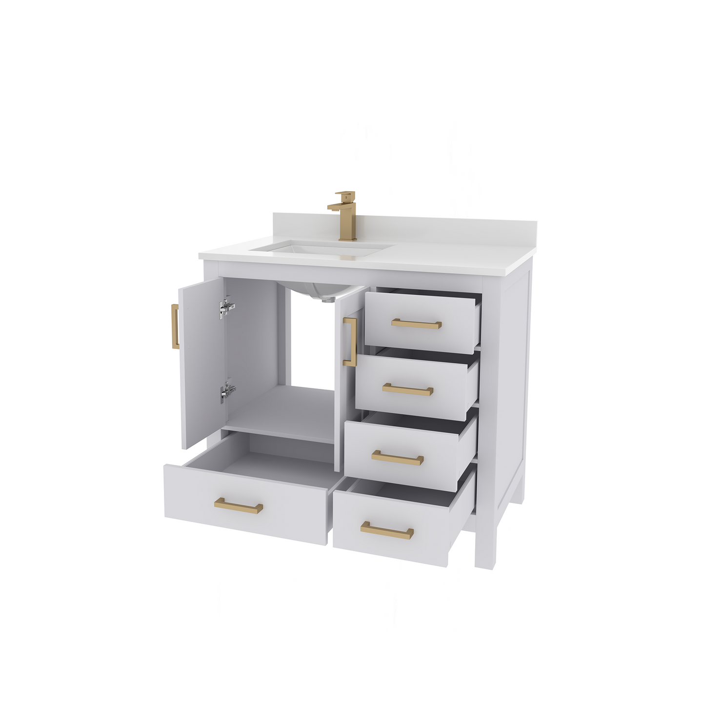 Rooh 36 Inch Left Solid Wood Single Bathroom Vanity with Undermount single Rectangle sink & White Quartz countertop 0.75 inch edge in white