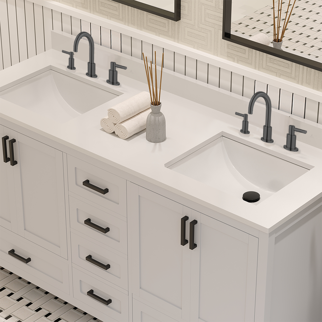 Rooh 60 Inch Solid Wood Bathroom Vanity with Undermount double Rectangle sinks & White Quartz countertop 0.75 inch edge in white
