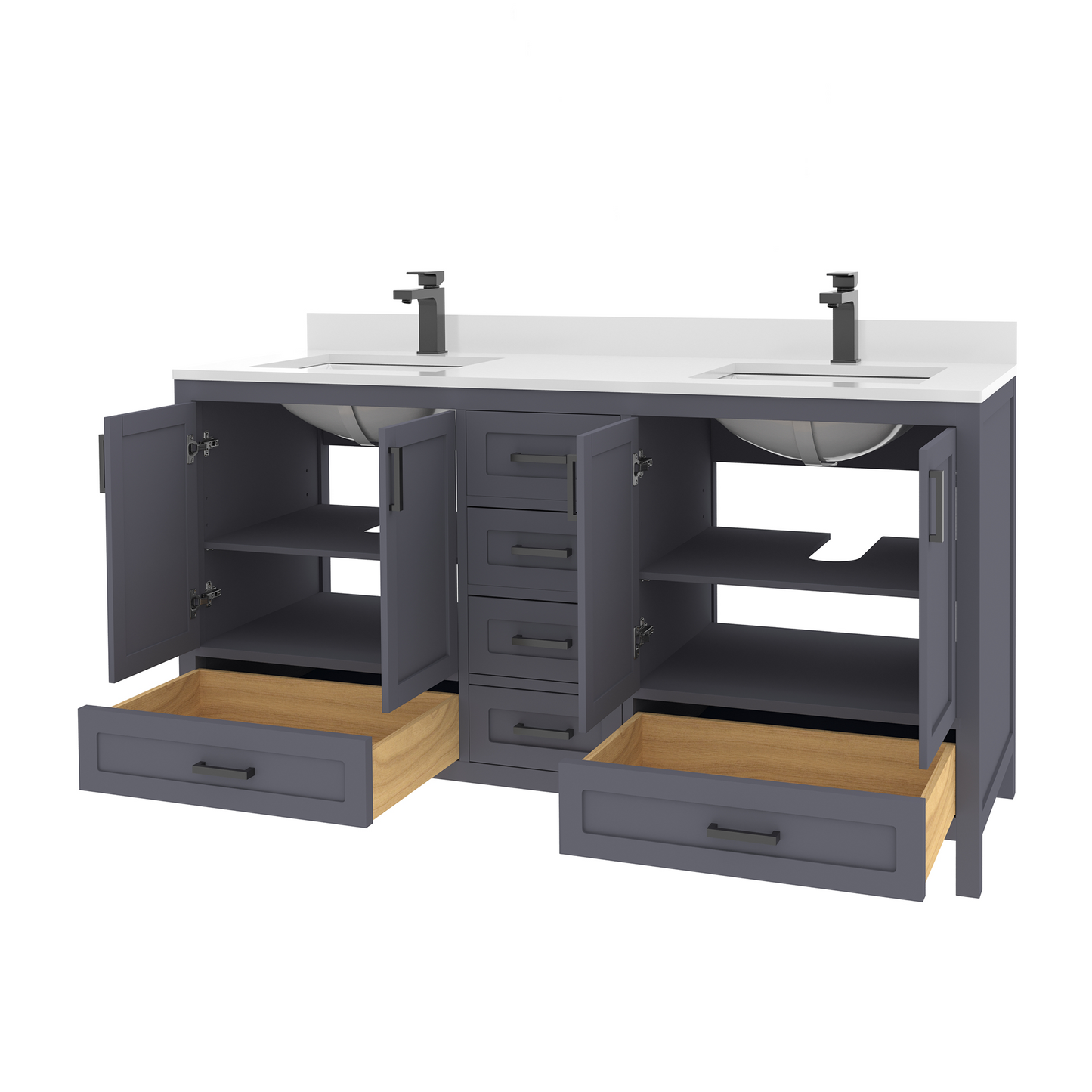 Rooh 60 Inch Solid Wood Bathroom Vanity with Undermount double Rectangle sinks & White Quartz countertop 0.75 inch edge in white