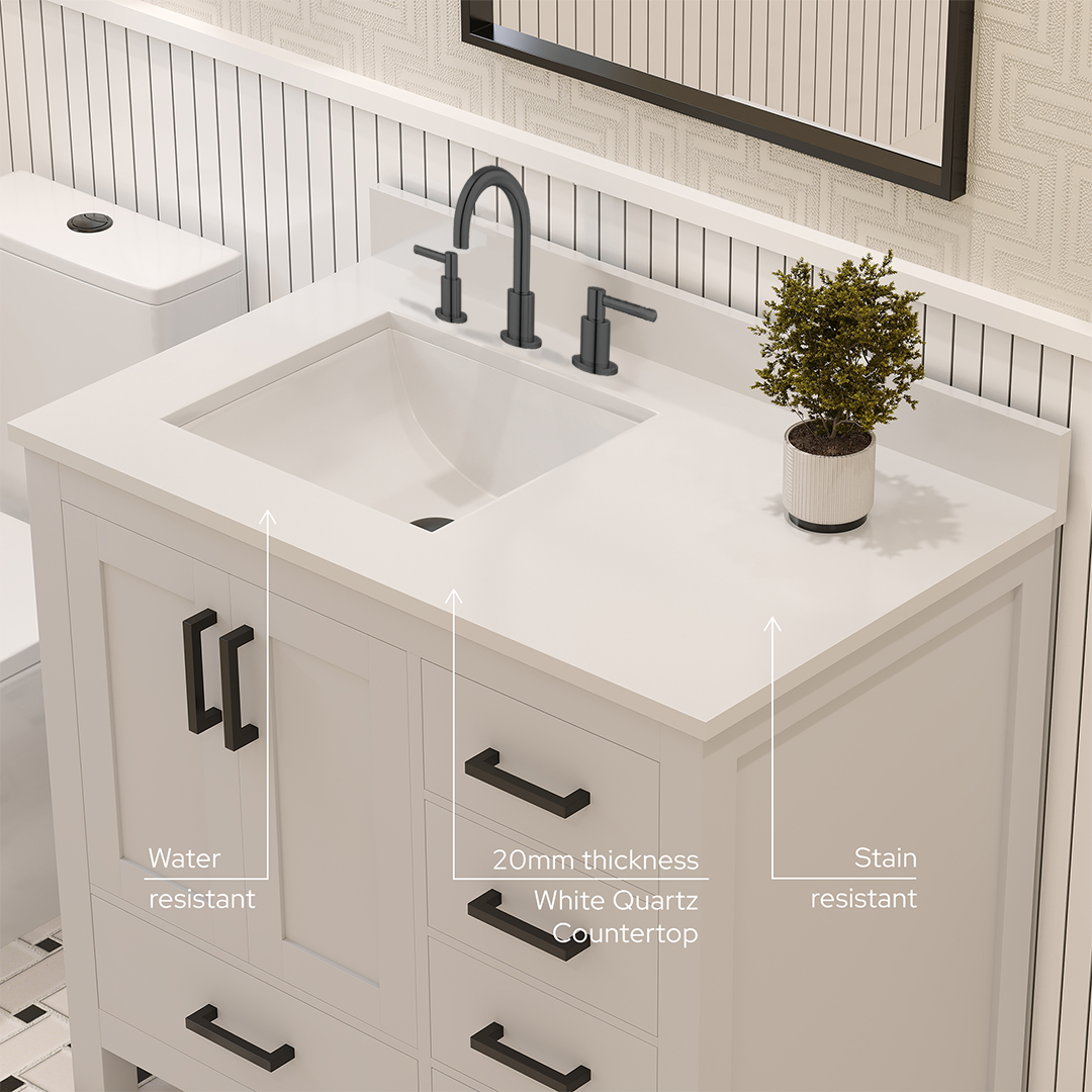 Rooh 36 Inch Left Solid Wood Single Bathroom Vanity with Undermount single Rectangle sink & White Quartz countertop 0.75 inch edge in white