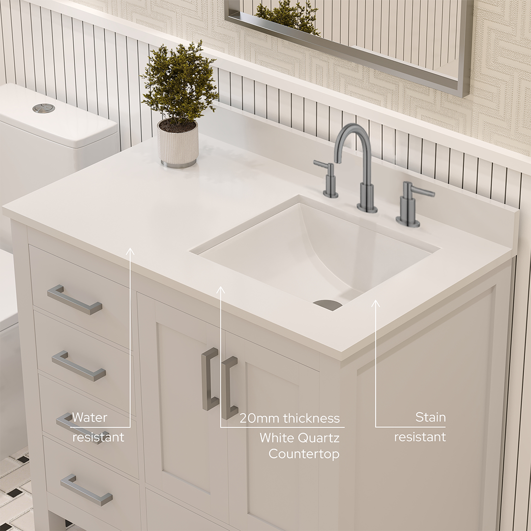 Rooh 36 Inch Right Solid Wood Single Bathroom Vanity with Undermount single Rectangle sink & White Quartz countertop 0.75 inch edge in white