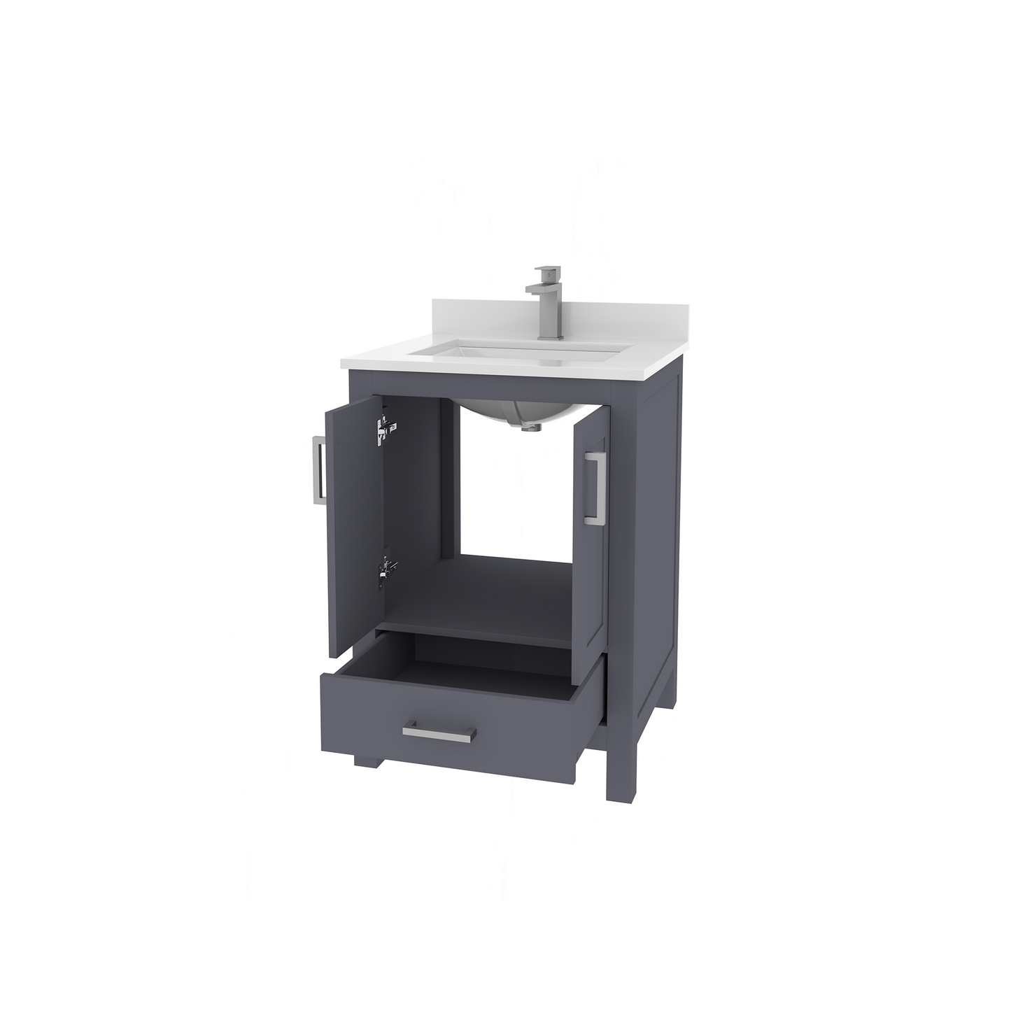 Rooh 24 Inch Solid Wood Bathroom Vanity with Undermount single Rectangle sink & White Quartz countertop 0.75 inch edge in white