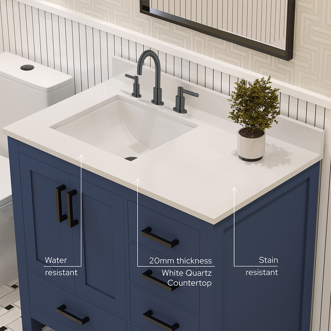 Rooh 36 Inch Left Solid Wood Single Bathroom Vanity with Undermount single Rectangle sink & White Quartz countertop 0.75 inch edge in white