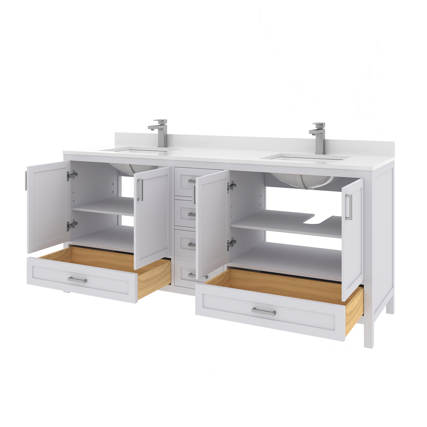 Rooh 72 Inch Solid Wood Bathroom Vanity with Undermount double Rectangle sinks & White Quartz countertop 0.75 inch edge in white