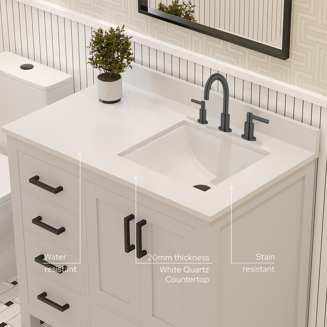 Rooh 36 Inch Right Solid Wood Single Bathroom Vanity with Undermount single Rectangle sink & White Quartz countertop 0.75 inch edge in white