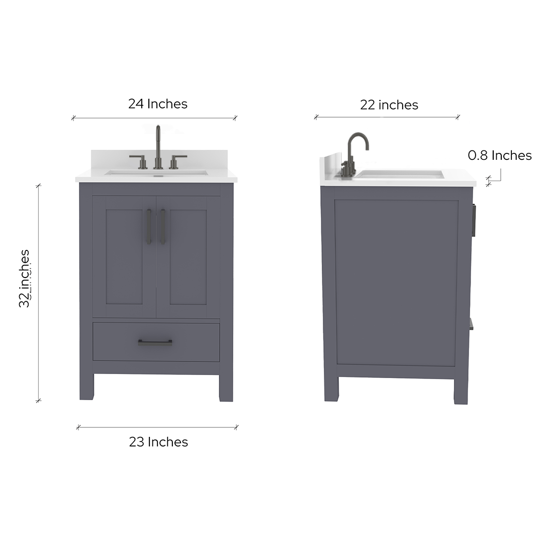 Rooh 24 Inch Solid Wood Bathroom Vanity with Undermount single Rectangle sink & White Quartz countertop 0.75 inch edge in white