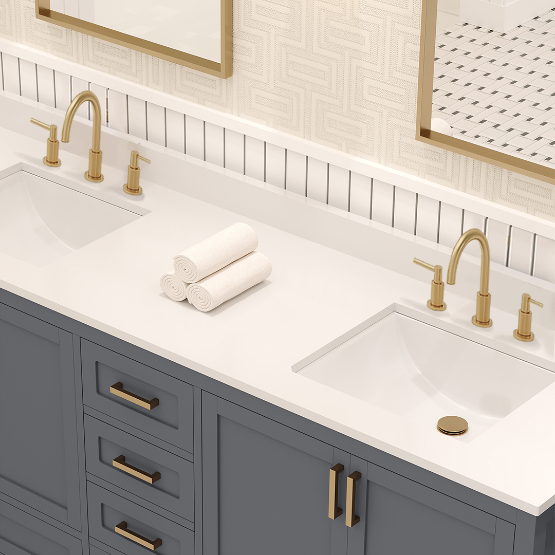 Rooh 72 Inch Solid Wood Bathroom Vanity with Undermount double Rectangle sinks & White Quartz countertop 0.75 inch edge in white
