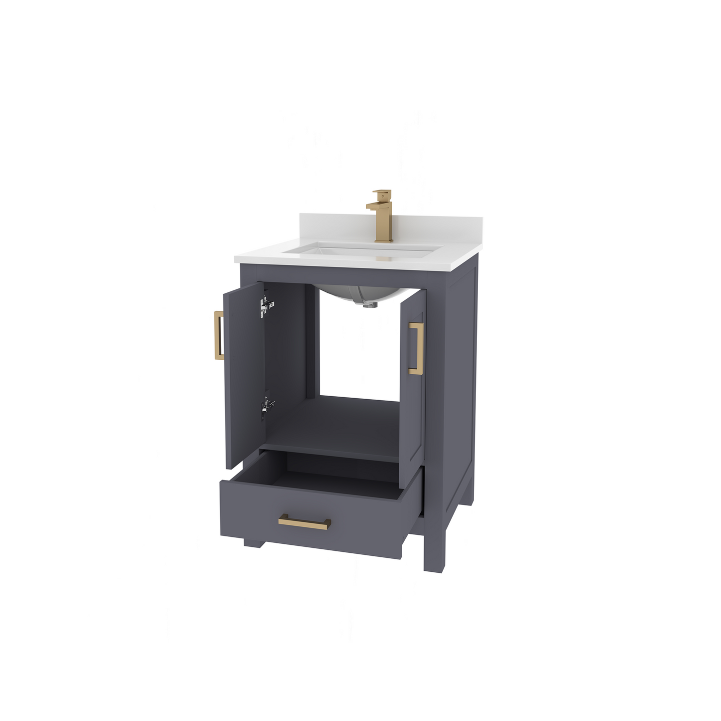 Rooh 24 Inch Solid Wood Bathroom Vanity with Undermount single Rectangle sink & White Quartz countertop 0.75 inch edge in white