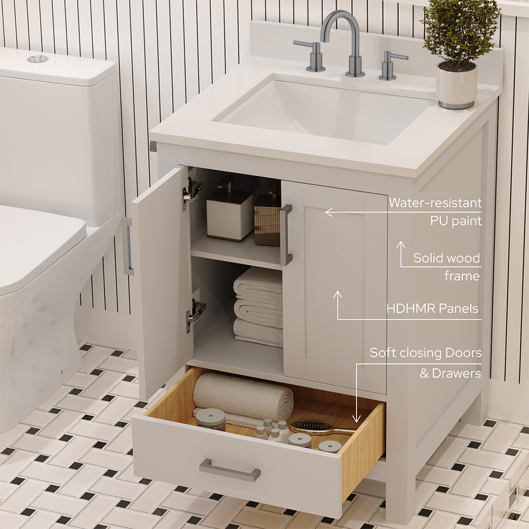 Rooh 24 Inch Solid Wood Bathroom Vanity with Undermount single Rectangle sink & White Quartz countertop 0.75 inch edge in white
