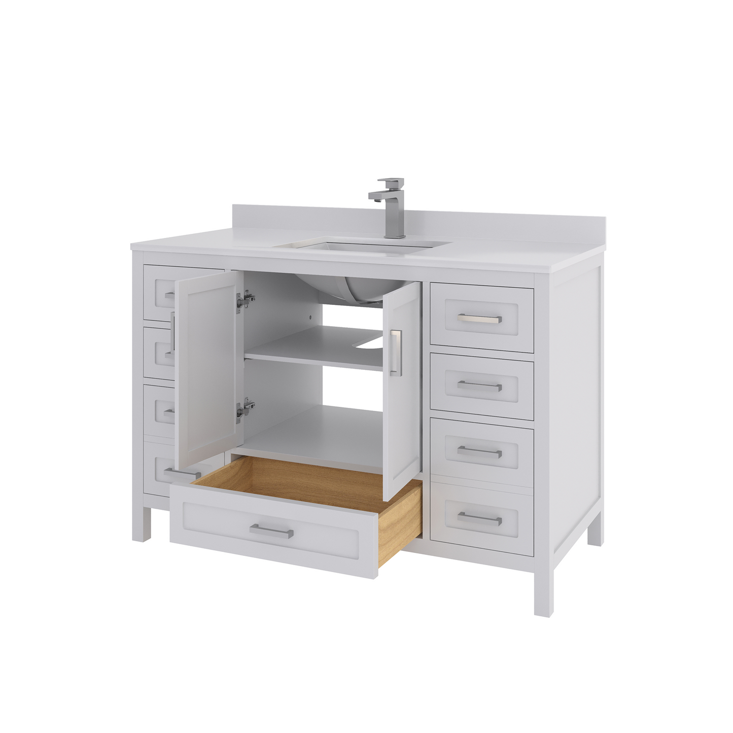 Rooh 48 Inch Solid Wood Bathroom Vanity with Undermount single Rectangle sink & White Quartz countertop 0.75 inch edge in white