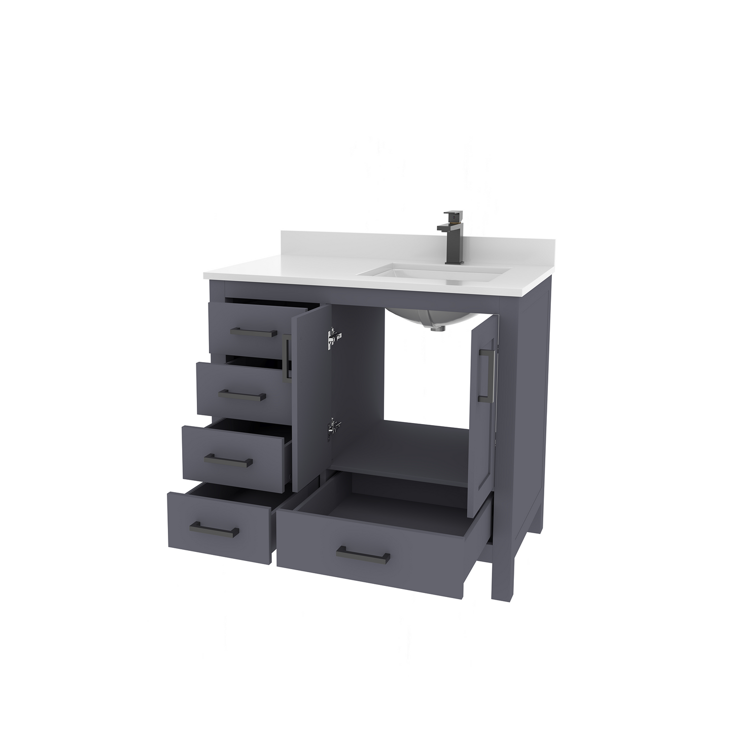 Rooh 36 Inch Right Solid Wood Single Bathroom Vanity with Undermount single Rectangle sink & White Quartz countertop 0.75 inch edge in white