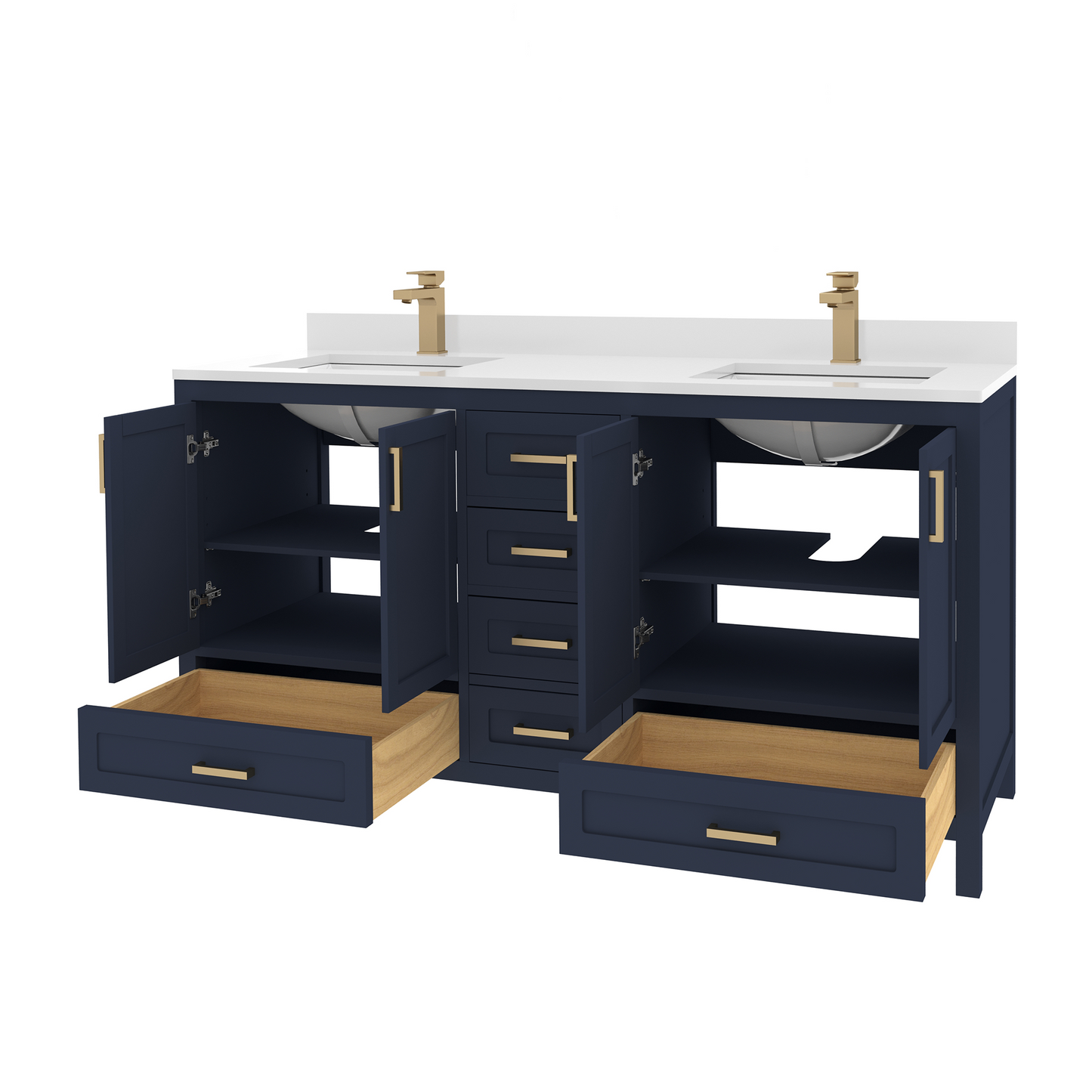 Rooh 60 Inch Solid Wood Bathroom Vanity with Undermount double Rectangle sinks & White Quartz countertop 0.75 inch edge in white