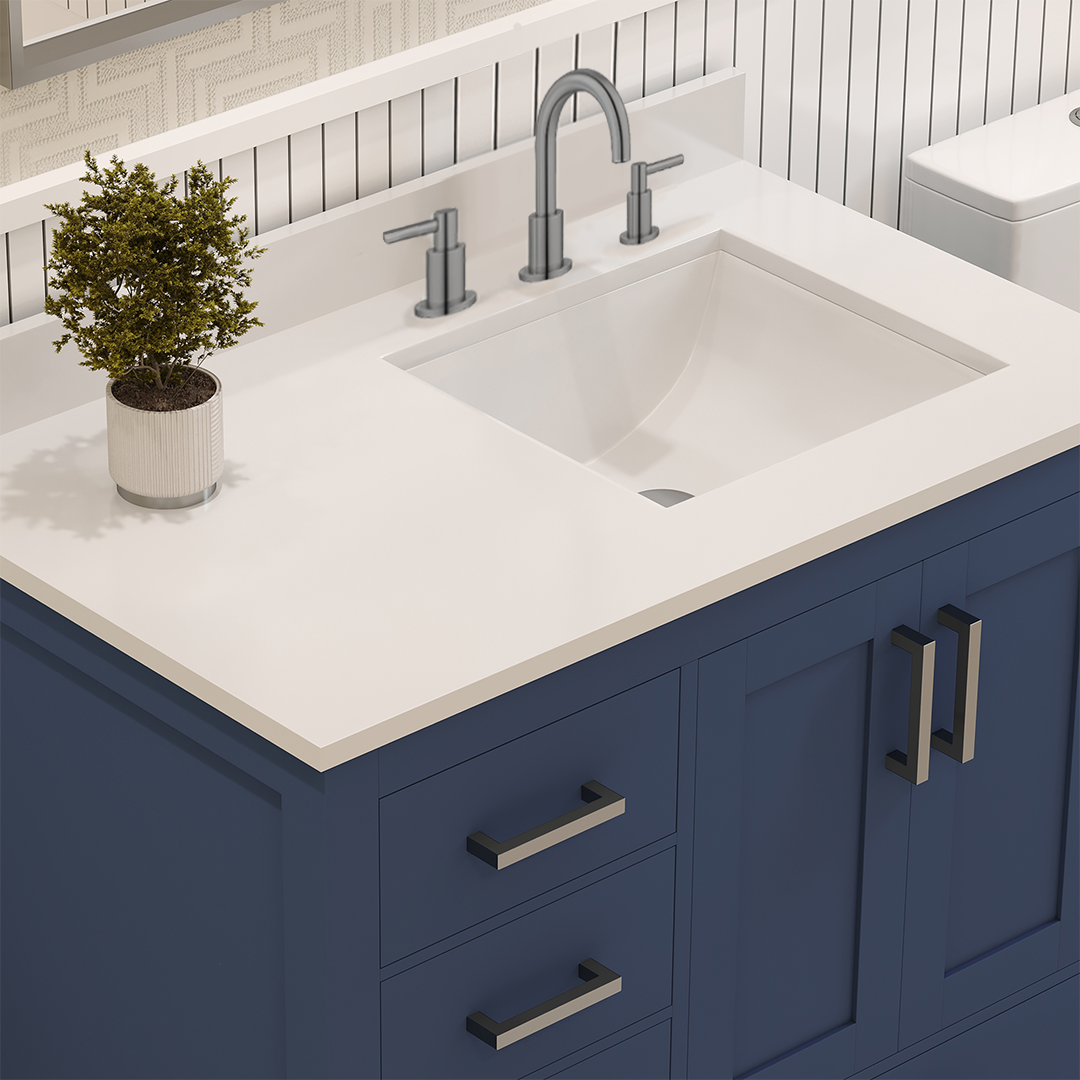 Rooh 36 Inch Left Solid Wood Single Bathroom Vanity with Undermount single Rectangle sink & White Quartz countertop 0.75 inch edge in white