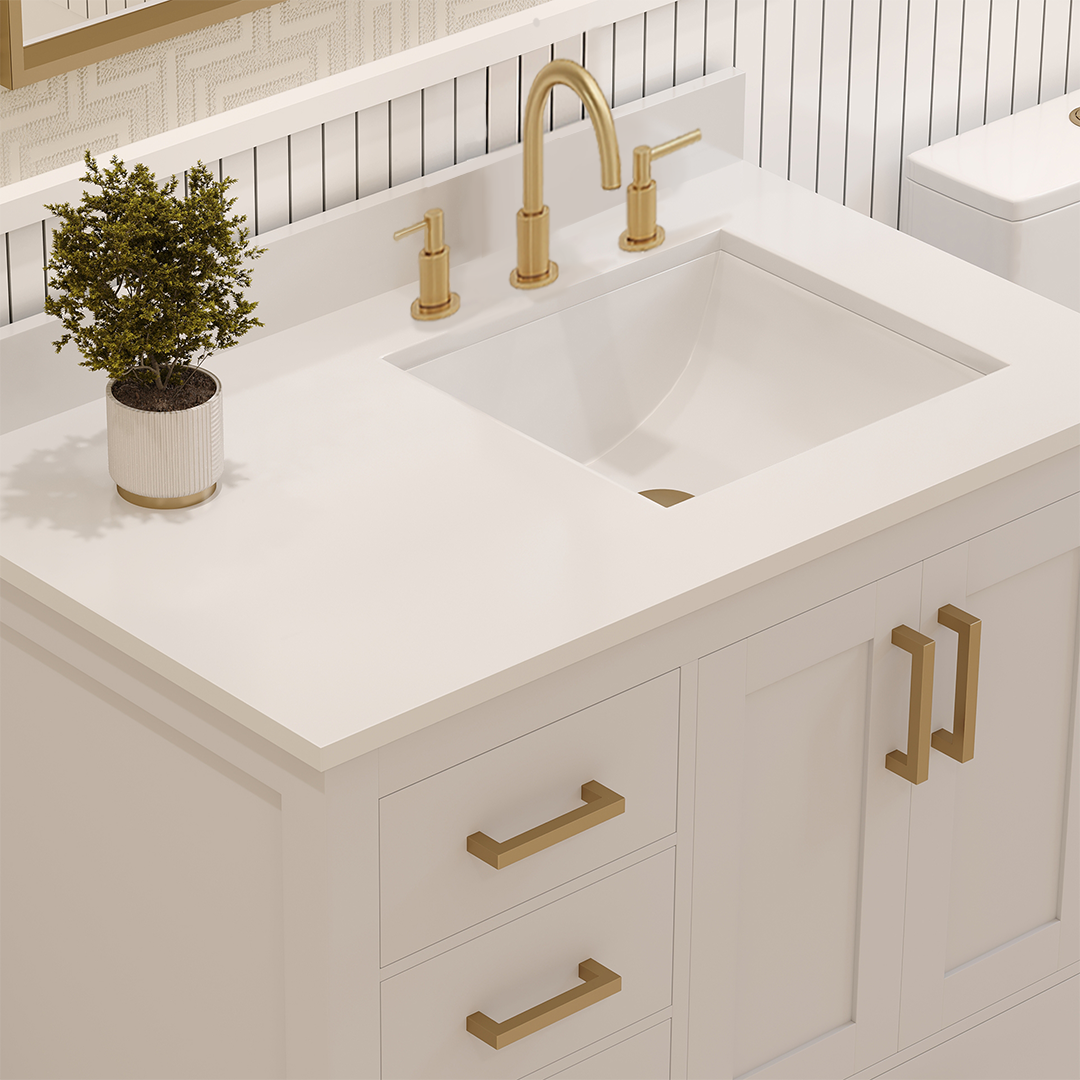 Rooh 36 Inch Left Solid Wood Single Bathroom Vanity with Undermount single Rectangle sink & White Quartz countertop 0.75 inch edge in white