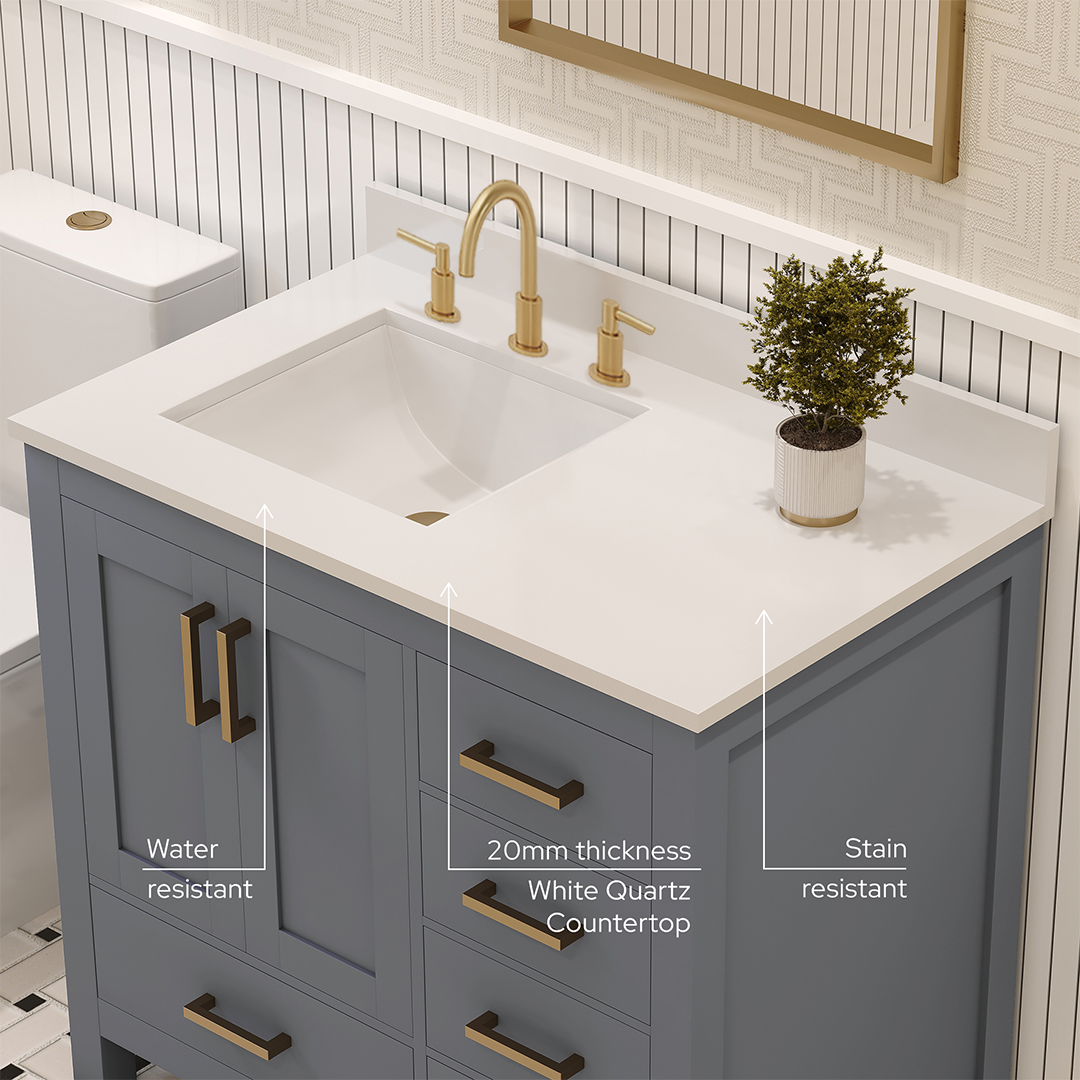 Rooh 36 Inch Left Solid Wood Single Bathroom Vanity with Undermount single Rectangle sink & White Quartz countertop 0.75 inch edge in white