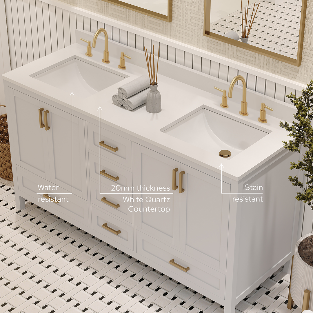 Rooh 60 Inch Solid Wood Bathroom Vanity with Undermount double Rectangle sinks & White Quartz countertop 0.75 inch edge in white