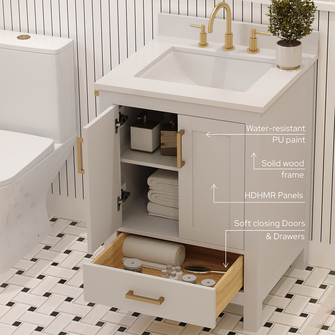 Rooh 24 Inch Solid Wood Bathroom Vanity with Undermount single Rectangle sink & White Quartz countertop 0.75 inch edge in white