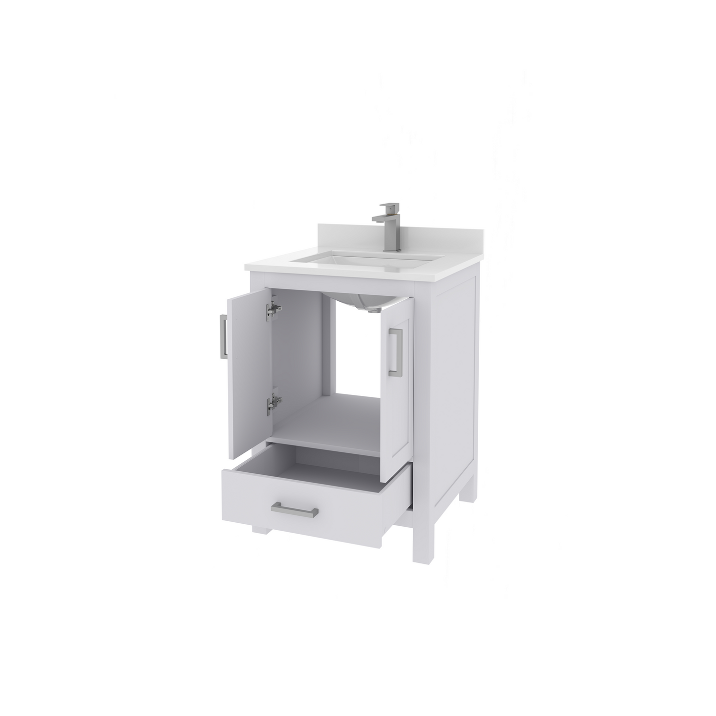 Rooh 24 Inch Solid Wood Bathroom Vanity with Undermount single Rectangle sink & White Quartz countertop 0.75 inch edge in white