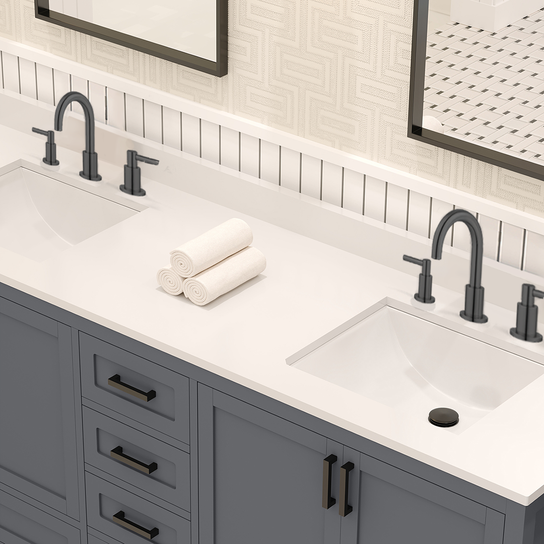 Rooh 72 Inch Solid Wood Bathroom Vanity with Undermount double Rectangle sinks & White Quartz countertop 0.75 inch edge in white