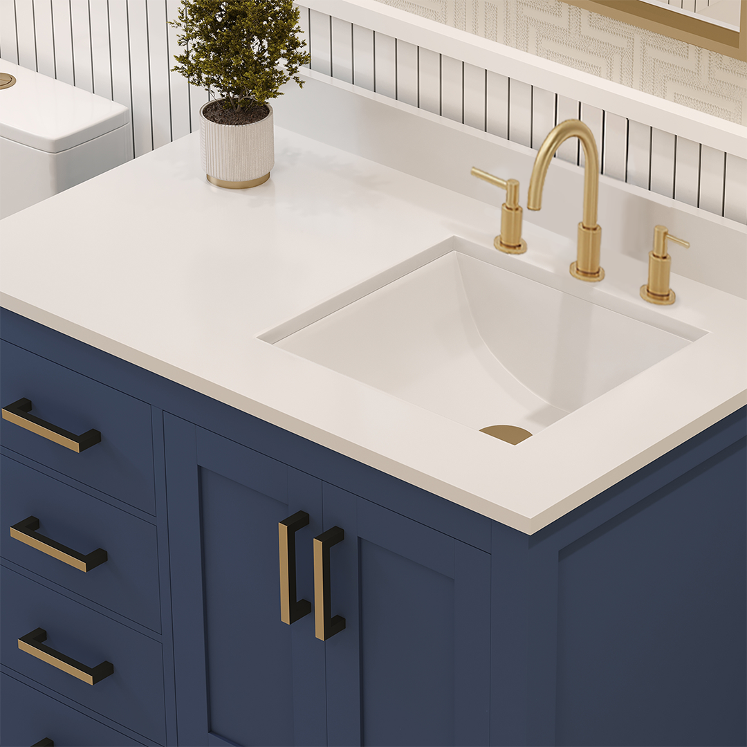 Rooh 36 Inch Right Solid Wood Single Bathroom Vanity with Undermount single Rectangle sink & White Quartz countertop 0.75 inch edge in white